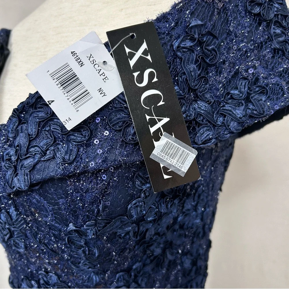 Xscape Navy Blue Rosette Sequin Lace Mermaid Off Shoulder Prom Gown Size 4 - Picture 10 of 10